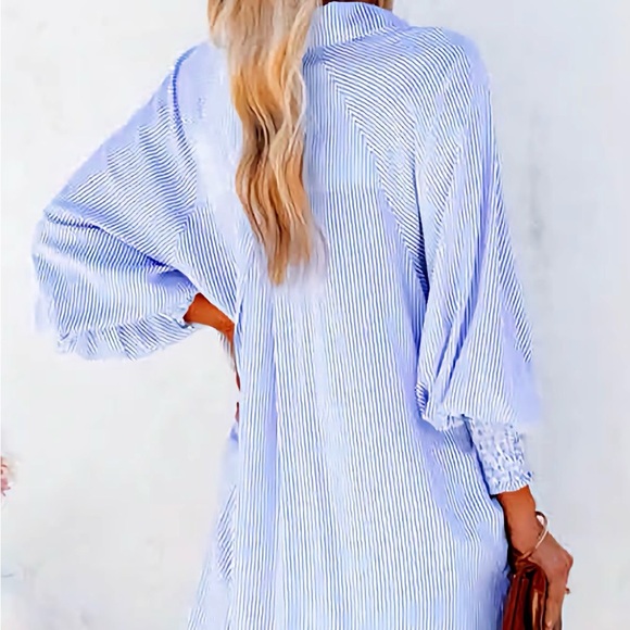 Blue & White Striped Button-Front Blouse - Picture 3 of 3